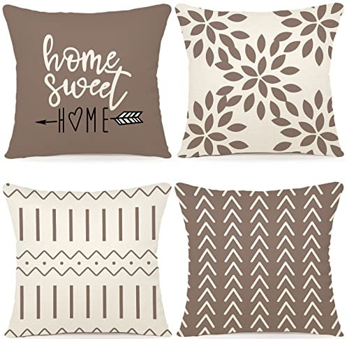 YCOLL Kissenbezüge, moderner Sofakissenbezug, dekorativer Leinen-Stoff für Außenbereich, Couch, Bett, Auto (khaki, 50 x 50 cm, 4 Stück)