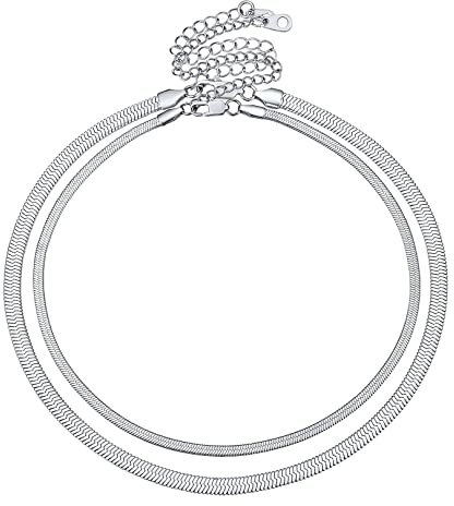 FOCALOOK Collana Catena Doppia Donna Acciaio 3mm/5mm a Catena Serpente, Inossidabile Girocollo a Due Strati Con Confezione Regalo
