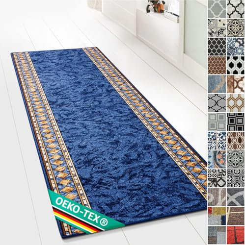 Moderner Wohnteppich mit Muster - maßgefertigter Teppichläufer - Meterware - Teppich Läufer für Küche, Flur & Wohnraum - Flurteppich - Küchenläufer (80 x 600 cm, Rügen Blau)