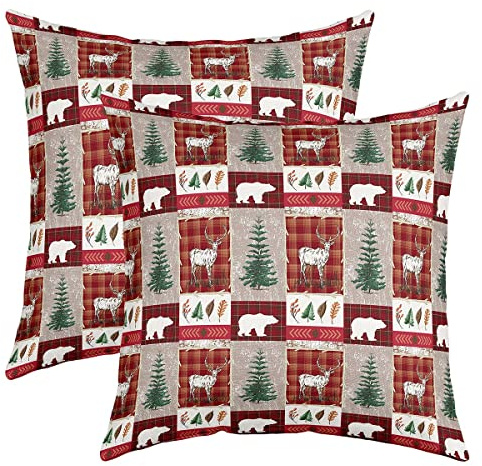 Homewish Kissenbezüge 40x40 Set von 2 Hirsch Bär Gitter Patchwork Dekoration Tannenbaum Bauernhaus Weiche Dekorative Quadratische Kissenbezüge, Rot Grün