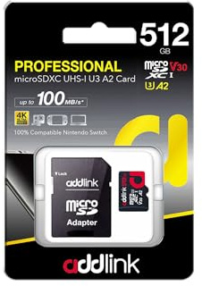 addlink Superior Gaming Carte mémoire MicroSDXC 512 Go avec adaptateur UHS-I, C10, U3, V30, A2, vidéo 4K, jusqu'à 100 Mo/s, pour Nintendo-Switch, Steam Deck, ROG Ally, smartphones, tablettes