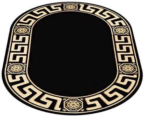 Belle Arti Teppich Oval Wohnzimmer Kurzflor Wohnzimmerteppich Schlafzimmer Flur Mäander Design in schwarz Gold - Weich Antirutsch Seidenglanz - 152x230 cm, Oval