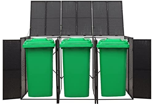 Yolola Triple Wheelie Bin Shed, Durable Poly Rattan, Lockable Garden Trash Can, Black, 207x80x117 cm