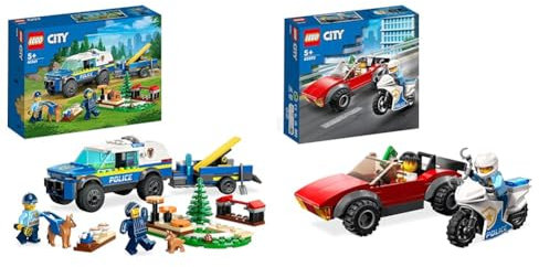 LEGO 60369 City Mobiles Polizeihunde-Training, Polizeiauto-Spielzeug mit Anhänger & 60392 City Polizei Verfolgungsjagd mit Polizei-Motorrad Set