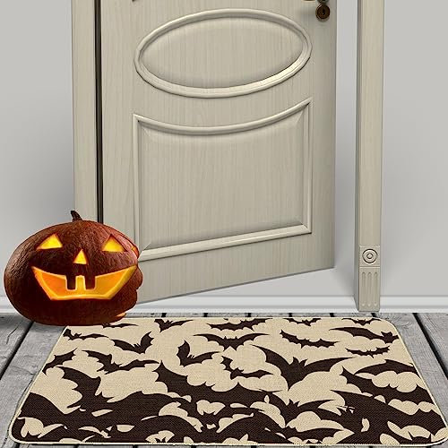 Whaline Halloween Welcome Doormat Halloween Bat Door Mat with Anti-Slip Rubber Back Black Decorative Non Slip Floor Mat for Halloween Indoor Outdoor Entrance Floor Porch Supplies, 17x29 Inch