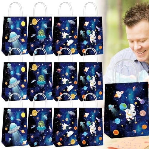 12 Stück Papiertüten,Weltraumplaneten Geschenktüten mit Griffen, Mitgebsel Tüten, Geburtstagstüten Geschenk Tüten für Kindergeburtstag Tüten, Verpacken Von Geschenken aus Kraftpapier