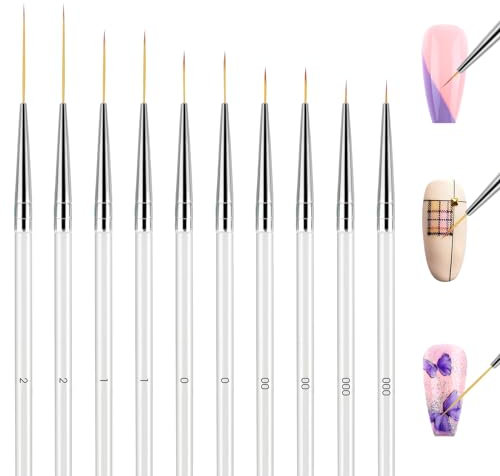 Andibro Microtype Nagel Kunst Pinsel Set, 10 Stück dünner Nagelpinsel transparenter Griff Fingernagelpinsel Pinsel Musterdesign Zeichenwerkzeug für Details feine Punktierung Streifen 7/9/12/18/24 mm