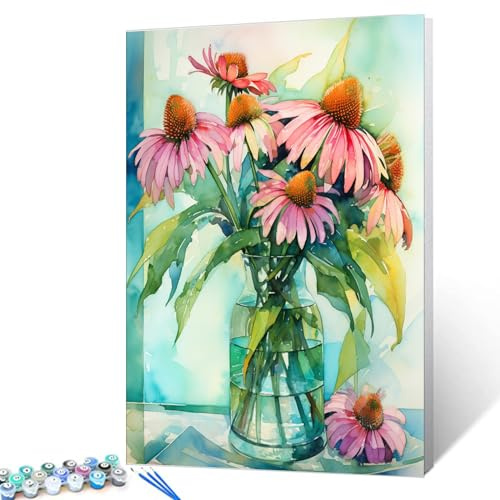 Tucocoo Echinacea Flower Paint by Number for Adults, DIY Oil Painting Kits on Canvas with Brushes and Acrylic Pigment, Beautiful Blooming Floral Vase Picture for Home Decor 16x20 inch (Frameless)