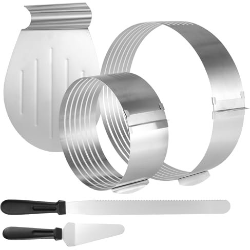 CHUENHEI 5 Stück Tortenboden Schneidhilfe Set, Torten Zubehör Set mit Tortenring verstellbar, Kuchenheber Tortenheber, Kuchenmesser Tortenmesser, Tortenboden Edelstahl Torten Schneidehilfe zum Backen