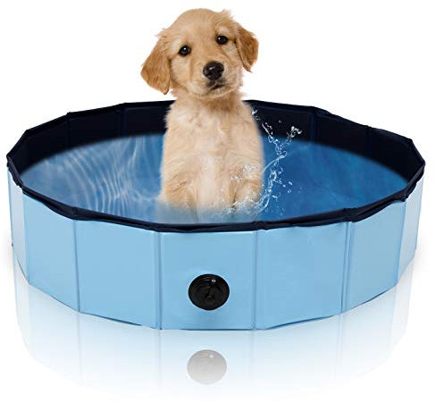Cecaylie Zusammenklappbarer Hundepool für Große & Kleine Hunde, 80 x 20cm Swimmingpool mit Ablassventil, Auslaufsicher, für Drinnen und Draußen, rutschfest Tragbar Hundebadewanne Hundebad Blau