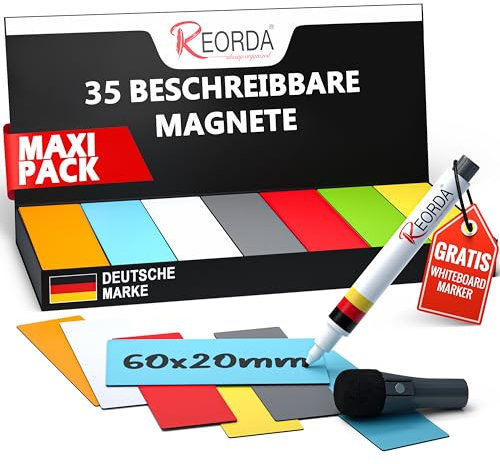 Reorda® Magnetstreifen beschreibbar – 35 Stück - 60x20mm (+ Stift) | Wiederbeschreibbar, beschreibbare Magnete für Whiteboard, Kanban, Magnettafel - beschriftbare Magnete für den Kühlschrank