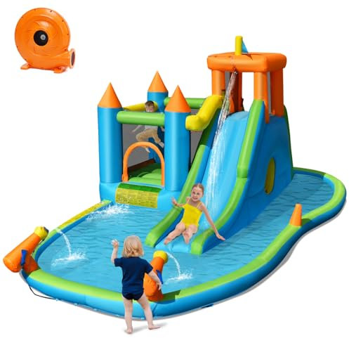 GYMAX 8 in 1 Kids Bouncy Castle with 720W Blower, Inflatable Water Park with Slide, Splash Pool, Climbing Wall, Water Cannon, Jumping Area, Ball Pit & Tunnel, Children Bounce House for 3-10 Years Old