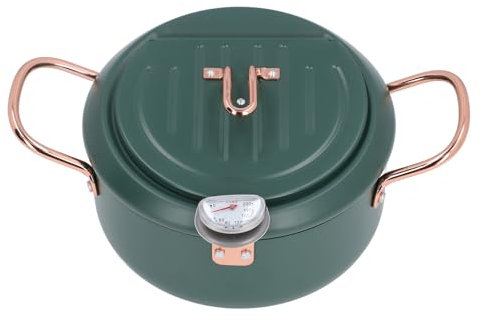 Deep Fryer Pot, Japanese Tempura Deep Fryer Pot with Oil Temperature Gauge, Double Handles Iron Cooking Pot for Dishes Soup (Green)
