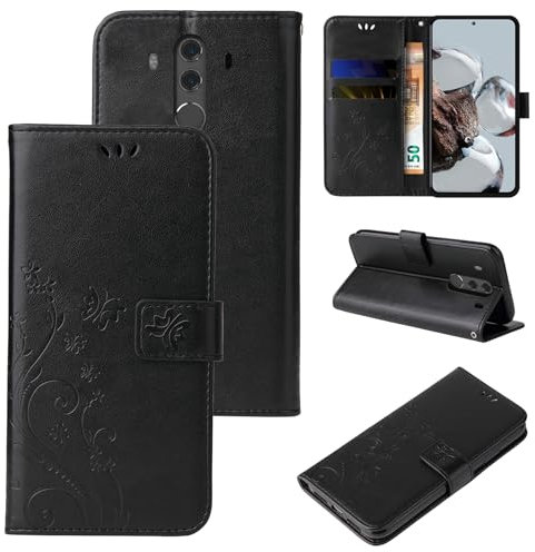 LBH Handy Hülle für Huawei Mate 10 Pro Case Handytasche Schmetterling Blumen Flower Standfunktion Schutzhülle Magnet Rundum Schutz 360 Grad Flipcase Cover Schwarz