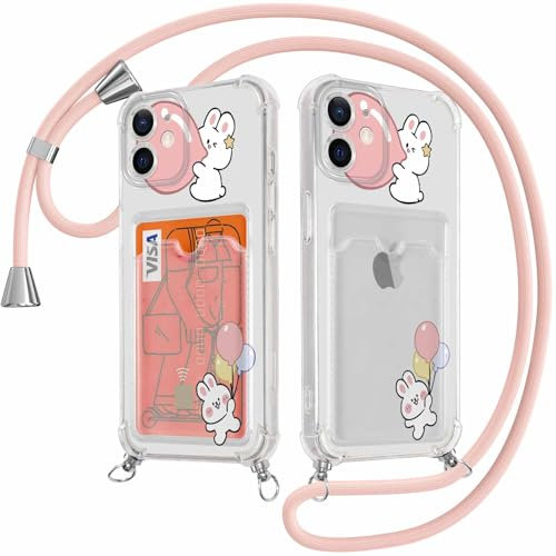 Kueqeay Handykette Handyhülle für iPhone 11 6,1 Hülle mit Kartenhalter, Durchsichtige Aesthetic Kaninchen Muster Kartenfach Case mit Band Kette Silicone Stoßfest Schutzhülle Cover, 03