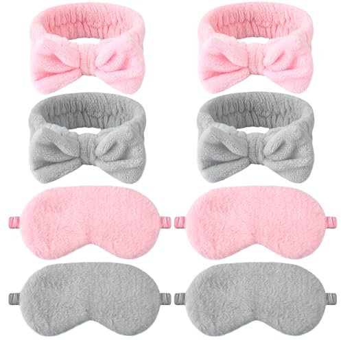 Kaisibum 4 Stück Bowknot Haarbänder Kosmetik und 4 Stück Schlafmaske Frauen Gesicht Wasch Haarband Elastisches Stirnband Weiche Sleeping Mask Schlafmaske für Frauen Mädchen