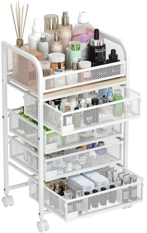 MODCART Makeup Organizer with 4 Drawers, Skincare Storage, Floor Skincare Organizers with Wheels Nameplates,Vanity Cosmetic Holder for Perfume, Nail Polish, Brushes, White