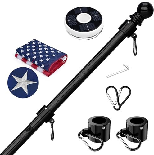 FIASON Edelstahl-Fahnenmast mit amerikanischer Flagge mit Solarlicht, verhedderungsfreies Fahnenmast-Set, Fahnenmast für Außenhaus, Veranda, Hof, Wohn- oder Gewerbe, 152 cm, Schwarz