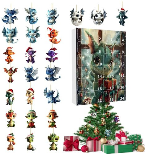 Syayw Adventskalender 2024 Weihnachtsdrache, Adventskalender 2024 für Weihnachten, Dinosaurier-Anhänger Acryl 2024, Countdown-Kalender, Weihnachtskalender, inkl