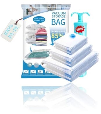 Vakuumbeutel für Kleidung – 6 Stück mit Handpumpe (2x 100x80 cm, 2x 80x60 cm, 2x 60x40 cm) – platzsparende Aufbewahrung für Kleidung, Decken & Bettwäsche – luftdicht, wiederverwendbar