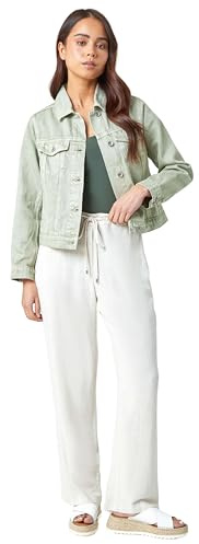 Roman Originals Jean Denim Jacket for Women UK Ladies 100% Cotton Summer Casual Stretch Crop Smart Utility Trucker Biker Fitted Vintage Wash Faded Classic Jeans Work Twill - Petite Sage - Size 16