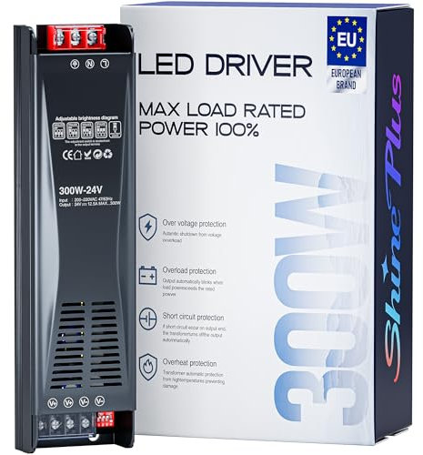Shine Plus Alimentatore LED 24V 300W Trasformatore 220V AC a 24V DC per Strisce LED, Faretti e Moduli, Alimentatore Dimmerabile Slim con Soft-Start e Protezione Totale