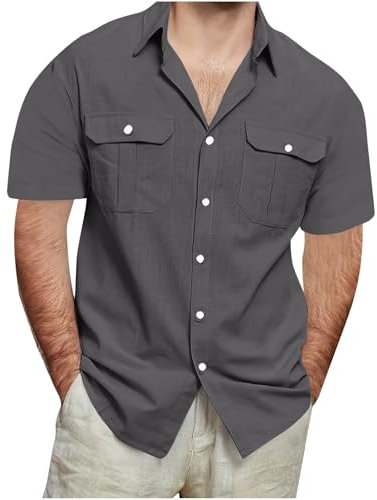 Mens Plus Size Linen Shirts UK Sale Short Sleeve Button Down Shirt Shrink Free Regular Fit Cotton Plain Lightweight Summer Beach Hawaiian Holiday Tee Tops Blouse Tshirts with Pockets M-5XL