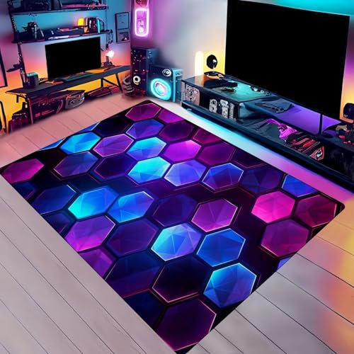 3D Geometrie Neon Graffiti Gaming Teppich für Jungen Teenager-Schlafzimmer, Teppich für Kinderzimmer, Wohnzimmer, Spielzimmer-Zubehör, Bodenmatte, Läufer, Fußmatte, 120x160 cm, Blau Lila