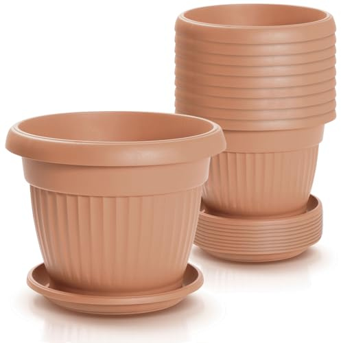 IMJ-Global Set di 10 Vasi e Sottovasi Rotondi Terra in Plastica Ø25x19,5 cm da Interno Esterno Colore Terracotta Design Classici