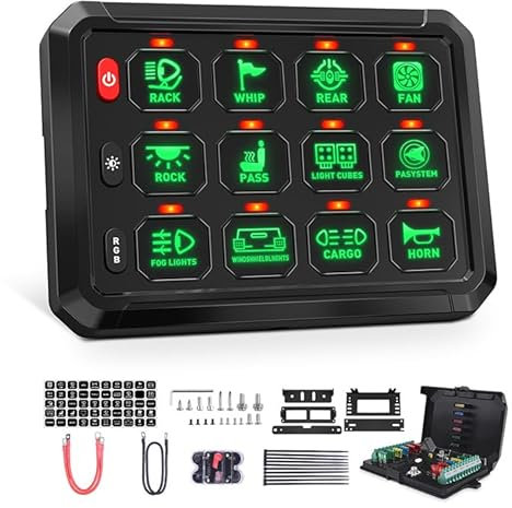 12 Interrupteur Panneau de Commutation 12V/24V, Panneau de Controle Universel avec Panneaux de Commutation Tactiles à Intensité Variable RVB 8 Couleurs pour Voiture Camion SUV RZR Bateau