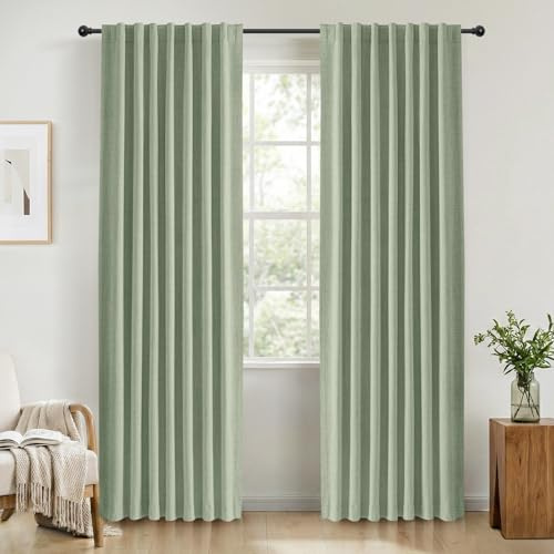 INOVADAY 100% Blackout Curtains for Bedroom 2 Panels 50W x 84L, Lightsage | Thermal Insulated Window Curtains, for Living Room, Linen-Look, Back Tab Rod Pocket, Reduces Noise, Black Out Coated Back