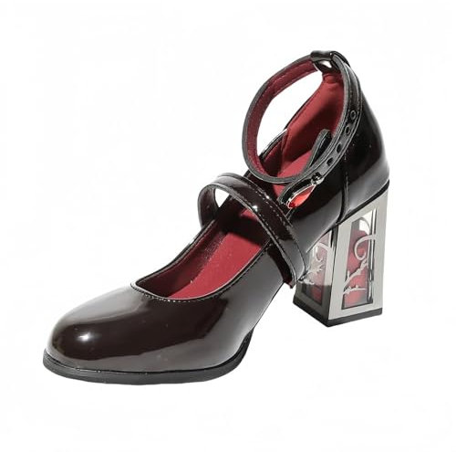 Womens Patent Leather Platform Mary Janes Dress Pumps Gothic Low Chunky Heel Shoes Sweet Lolita Closed Toe Ankle Adjustable Strap