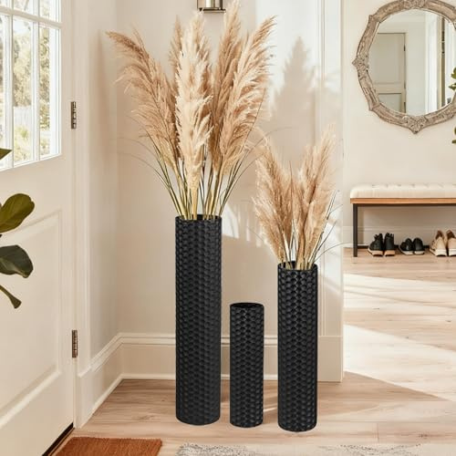 NOLIPED Black Tall Floor Vase - Set of 3 Extra Large Metal Decorative Vases for Living Room, 27.6 Long Modern Honeycomb Texture Big Cylinder Standing Corner Decor for Home Dining Bedroom Pampas Grass