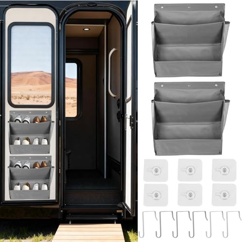FitRepa 2 PCS RV Shoe Rack Over Door Shoe Storage with 6 Metal Hooks and 6 Self-Adhesive Hooks, Door Shoe Rack Hanging for RV Home Dorm Narrow Doors Space Saving (Grey)