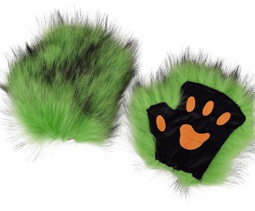 Katzen Kostüme Zubehör Handschuhe, Flauschige Katzenpfoten Handschuhe, Halbfinger-Pelzhandschuhe, Halloween-Weihnachtsfeier-Karnevalskostüm-Rollenspiel Zubehör für Mädchen und Frauen (Grün)