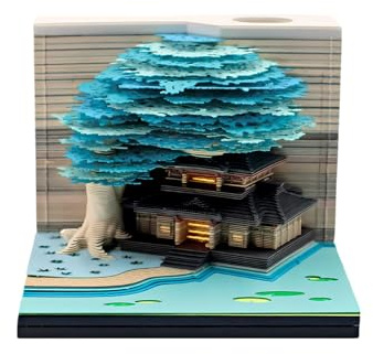 Calendrier 3D 2026 - Bloc-notes 3D avec lumière LED - Décoration de bureau DIY - Porte-stylo - Maison d'arbre - Calendrier amovible 2026 - Bleu