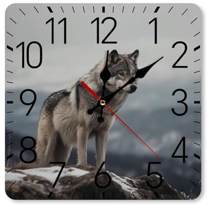 GHBNK Personalisierte Wanduhr Wolf auf dem Berg, leise, nicht tickende Uhr, 24,8 cm, klein, klassisch, quadratisch, dekorative Digitaluhren für Küche, Wohnzimmer, Büro, Schlafzimmer, Badezimmer