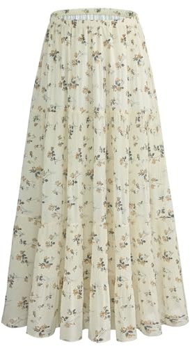 GVAOO Chiffon Pleated Maxi Skirt for Women Elastic High Waisted Flowy Long Skirts with Lining Boho A-Line Flared Floral