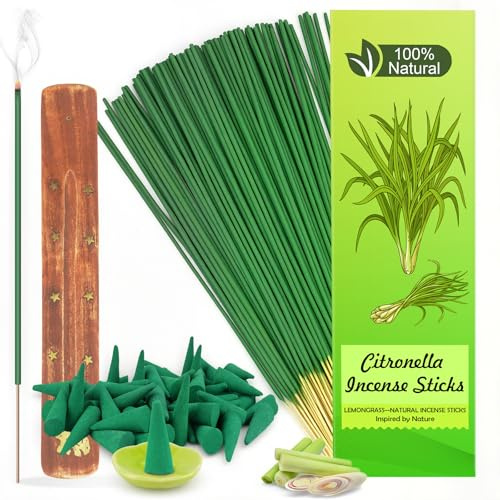 Citronella Incenso Set, 120 Citronella Bastoncini + 30 Coni con 2 Supporti