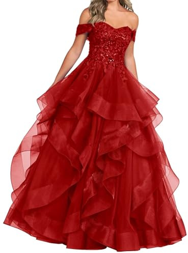 ORRCIGH Lace Applique Prom Dresses Off Shoulder Bridesmaid Dress Layered Tulle Corset Wedding Formal Evening Gown WPX037 Red UK20