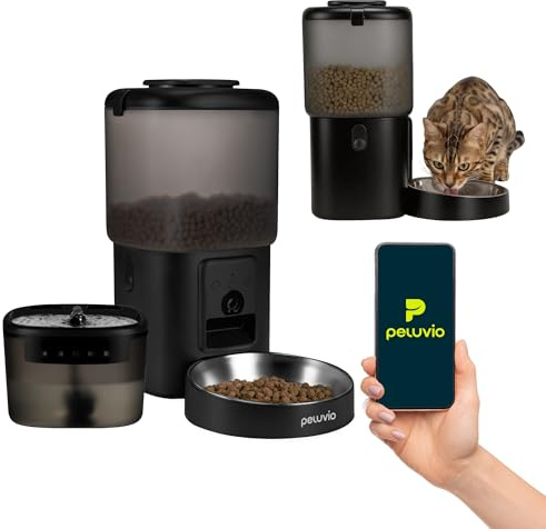 Peluvio Feast Automatischer Futterautomat Katze mit App und Kamera | Live-Video mit Nachtsicht und Zwei-Wege-Audio, Portionskontrolle, Edelstahl-Napf, Katzen Trinkbrunnen mit Filter, 4,5 l und 2