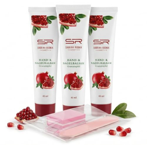 Sabrina Rudnik Hand & Nagelbalsam Granatapfel 3er-Set (3 x 45 ml) & Maniküre Set von COSMEZIA | Pflegende Handcreme mit Vitamin E & Granatapfel-Extrakt, Feuchtigkeit für trockene Hände & Nägel