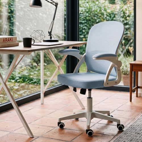Ergoreal Ergonomischer Bürostuhl, 90-110° Verstellbare Rückenlehne & Aufklappbare Armlehnen (90°), Bürostuhl mit Rollen & Höhenverstellung,Homeoffice & Arbeitszimmer (Hellblau)