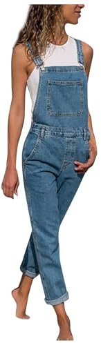 Ladies Denim Dungarees Vintage Adjustable Strap Bib Overalls for Women Work Casual Sleeveless Jeans Jumpsuit Straight Leg Jean Pants with Pockets