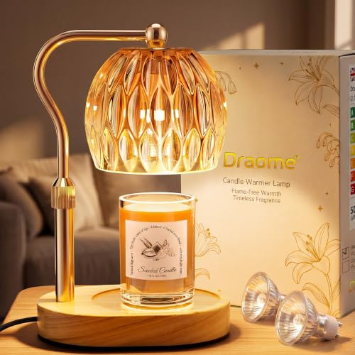 Draome Candle Warmer Lamp, Gold, Height Adjustable Electric Wax Melt Burner | Timer & Dimmable Switch, Flameless, For Jar Candles, Aesthetic Room Decor, 2 Bulbs Included