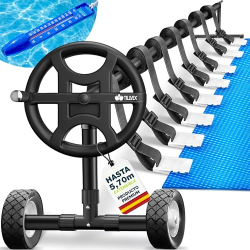tillvex® Pool Aufroller Premium 3-5,70m inkl. Vollgummireifen & Thermometer | Aufrollsystem für Solarfolie + Bänder | Mobile Aufrollvorrichtung Runde & Eckige Pools Wetterfest für Solarplane & Abdeckung