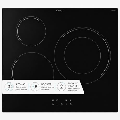Candy Idea CIDI637CCBB Placa Inducción, 3 Zonas, Zona de 28CM, 60CM, 9 Niveles de Potencia, 7,2KW, Mandos Centrales, Indicador de Calor, Bloqueo Infantil, Alerta Sobrecalentamiento y Derrames, Negro