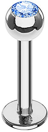 Piersando Piercing Stab Stecker Kugel mit Kristall Lippen Labret Lippenpiercing Ohr Tragus Ohrpiercing Helix Nase Intim Zungen Nasen 1,2mm x 8mm x 3mm Silber Blau