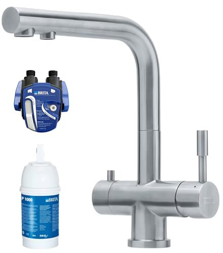 Franke Wellfresh 110 - Rubinetto a 3 vie con filtro Brita P1000, design a L, in acciaio inox massiccio Rubinetto da cucina, miscelatore a tre vie, per impianti ad osmosi per acqua potabile.