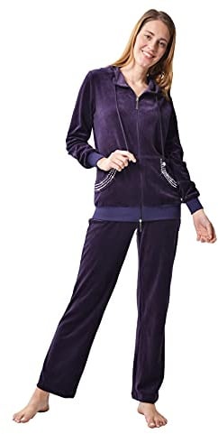 RAIKOU Damen Micro Velours Freizeitanzug Hausanzug mit Reißverschluss Nicki-Anzug Zweiteiliger Schlafanzug mit Strasssteinen (36/38, Dunkel Lila)